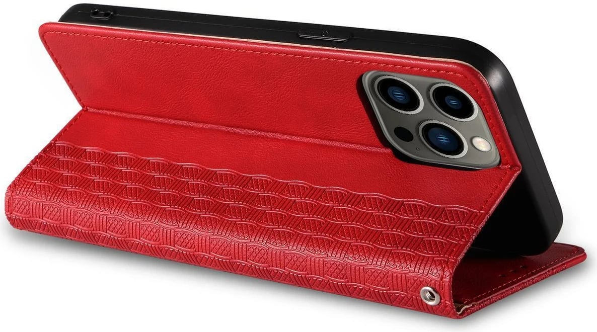 Mbështjellës Hurtel Magnet Strap Case për iPhone 14, me kapak, portofol, qëndrim dhe rrip, Kuq