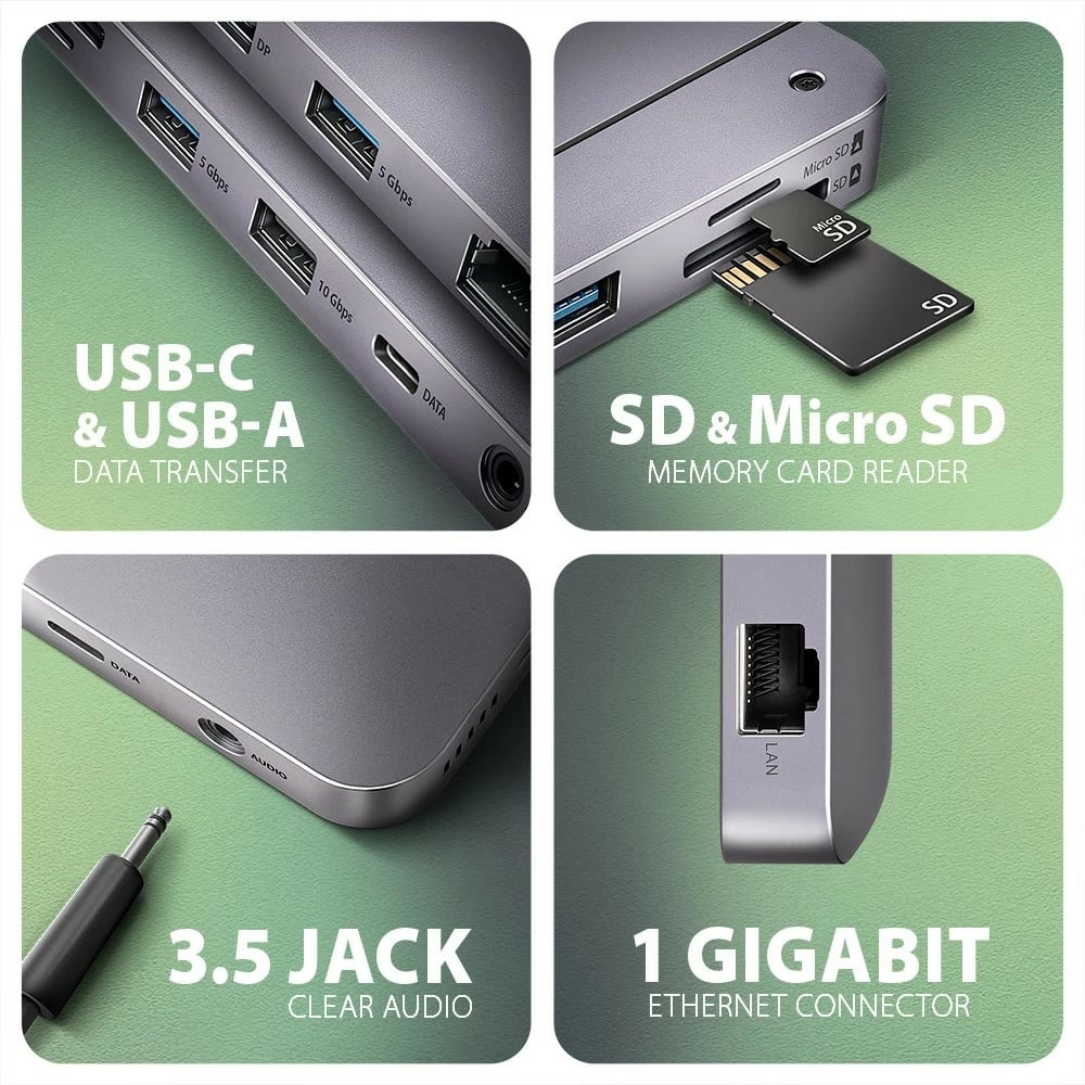 Kasë multiport AXAGON HMC-12GM2 12in1 me slot M.2 NVMe/SATA, 10Gbps, 3x USB-A, USB-C, HDMI 4K/60Hz, DP 4K/60Hz, GLAN, SD/microSD, audio, PD 100W, 50cm, Gri