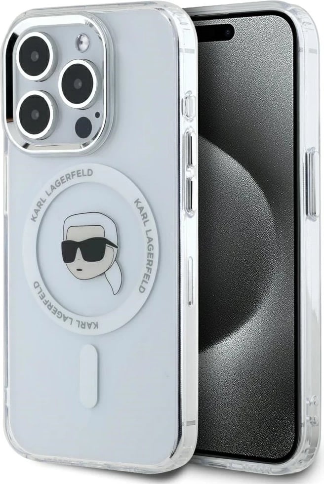 Mbështjellës Karl Lagerfeld IML Metal Karl Head MagSafe për iPhone 15 Pro, Bardhë