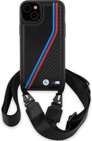 Mbështjellës BMW M Edition Carbon Tricolor Lines & Strap për iPhone 15/14/13, i zi