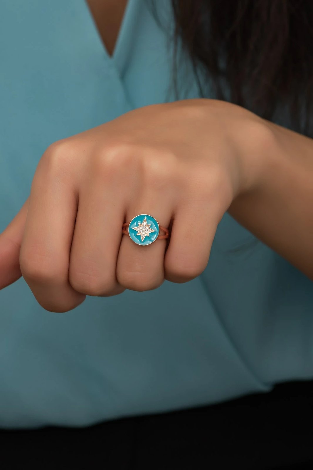 Unazë argjendi Jumeon, ngjyrë rozë ari dhe turquoise, NRZ99702