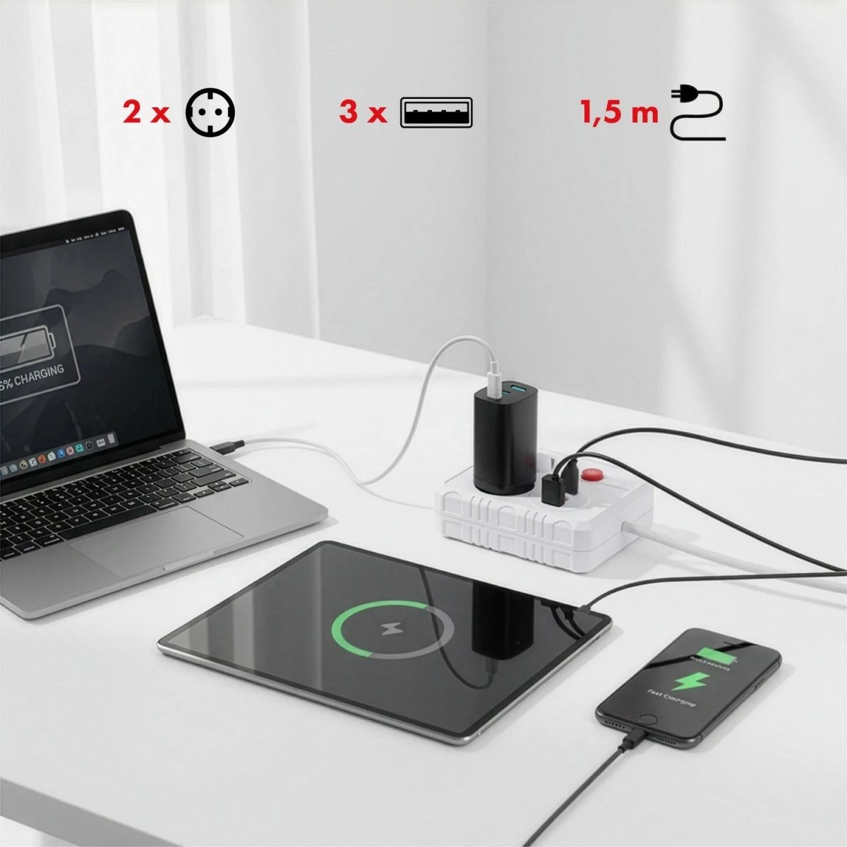 Zgjatës rryme Maclean MCE387 W 2x Schuko 3x USB 2.1A 2500W 1.5 m 110-240V i bardhë