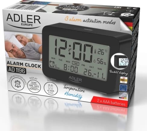 Orë alarmi, Adler AD 1196, 3 alarme, ekran me ndriçim, ora/data/temperatura/lagështia, me bateri 2xAAA, e zezë