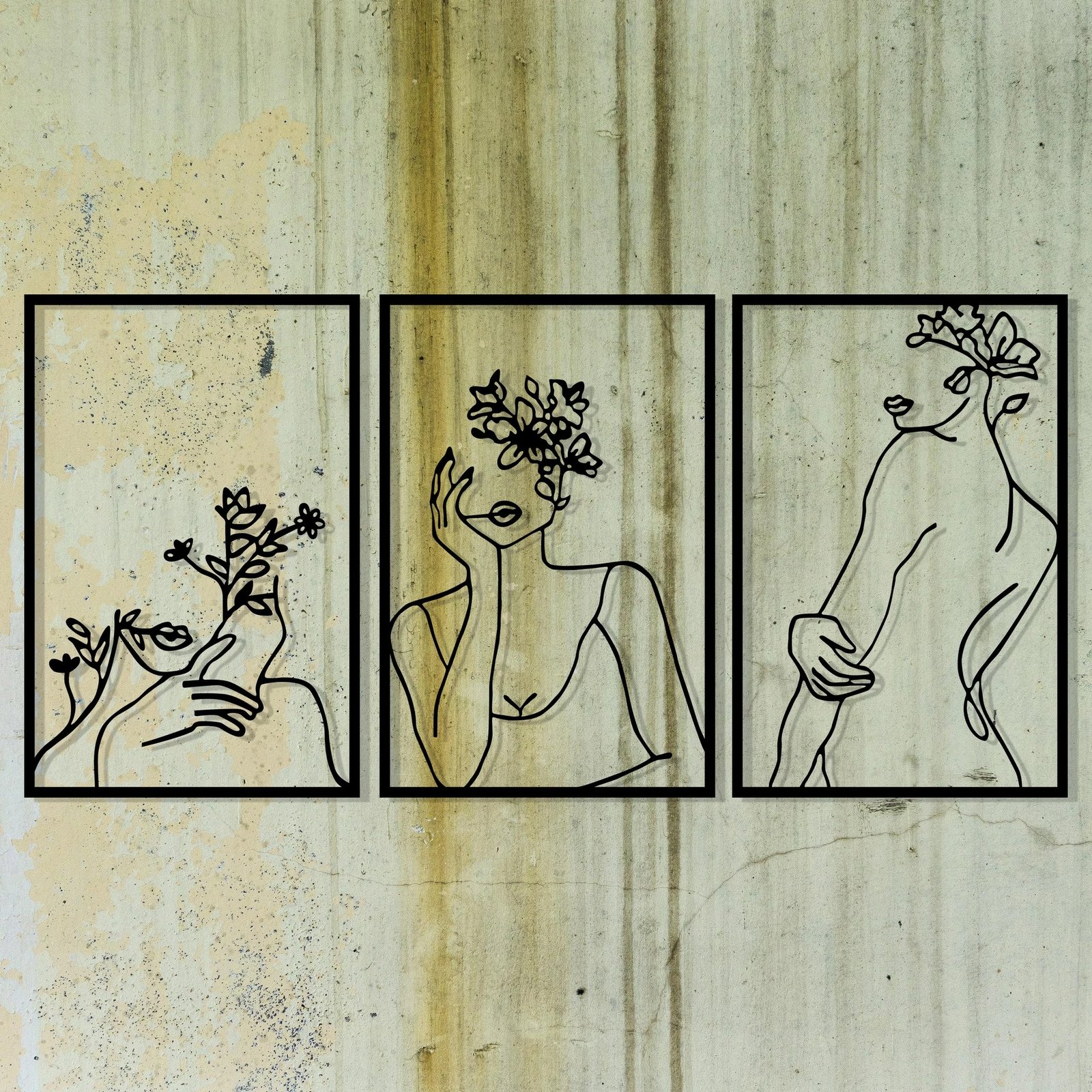 Aksesor dekorativ metalik për mur, Wallity, fytyrë gruaje me lule