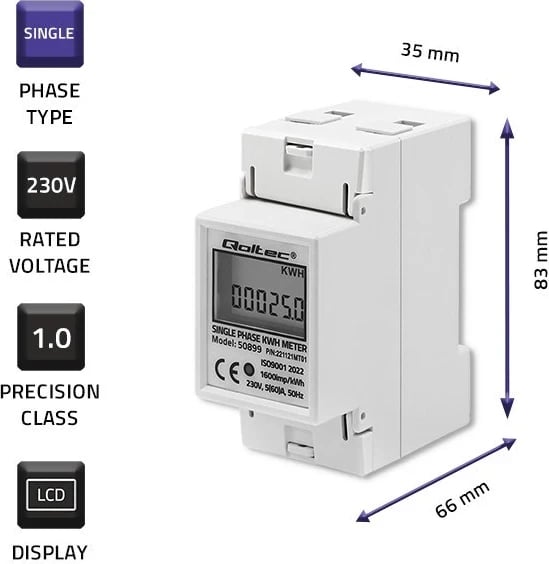 Qoltec 50899 Matësi elektronik njëfazor i konsumit të energjisë | 230 V | LCD | 2P | Hekurudhor DIN