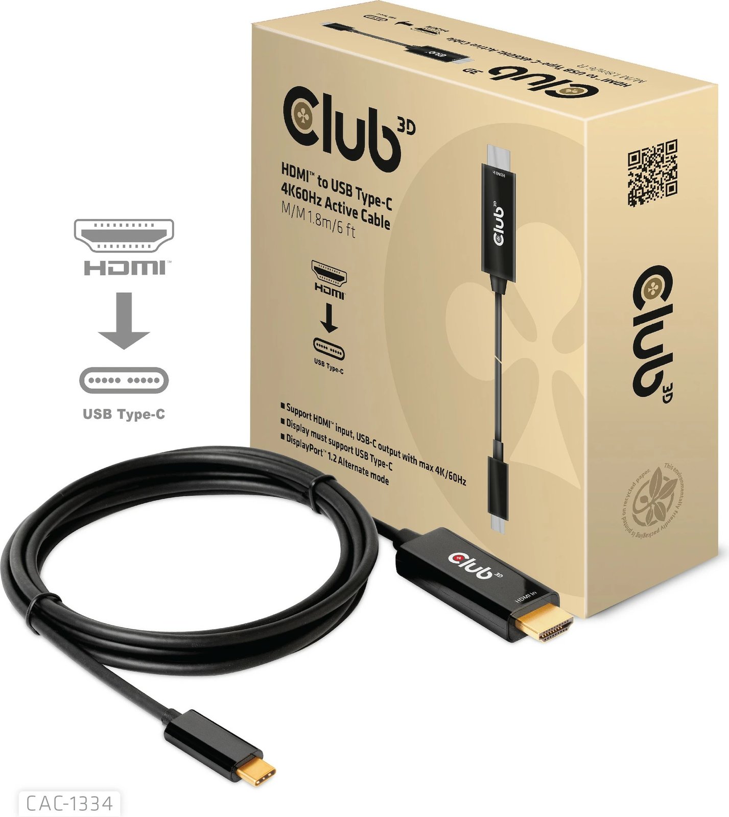 Kabllo HDMI Club3D CAC-1334, USB-C në HDMI, 1.8m, 4K60Hz, e zezë