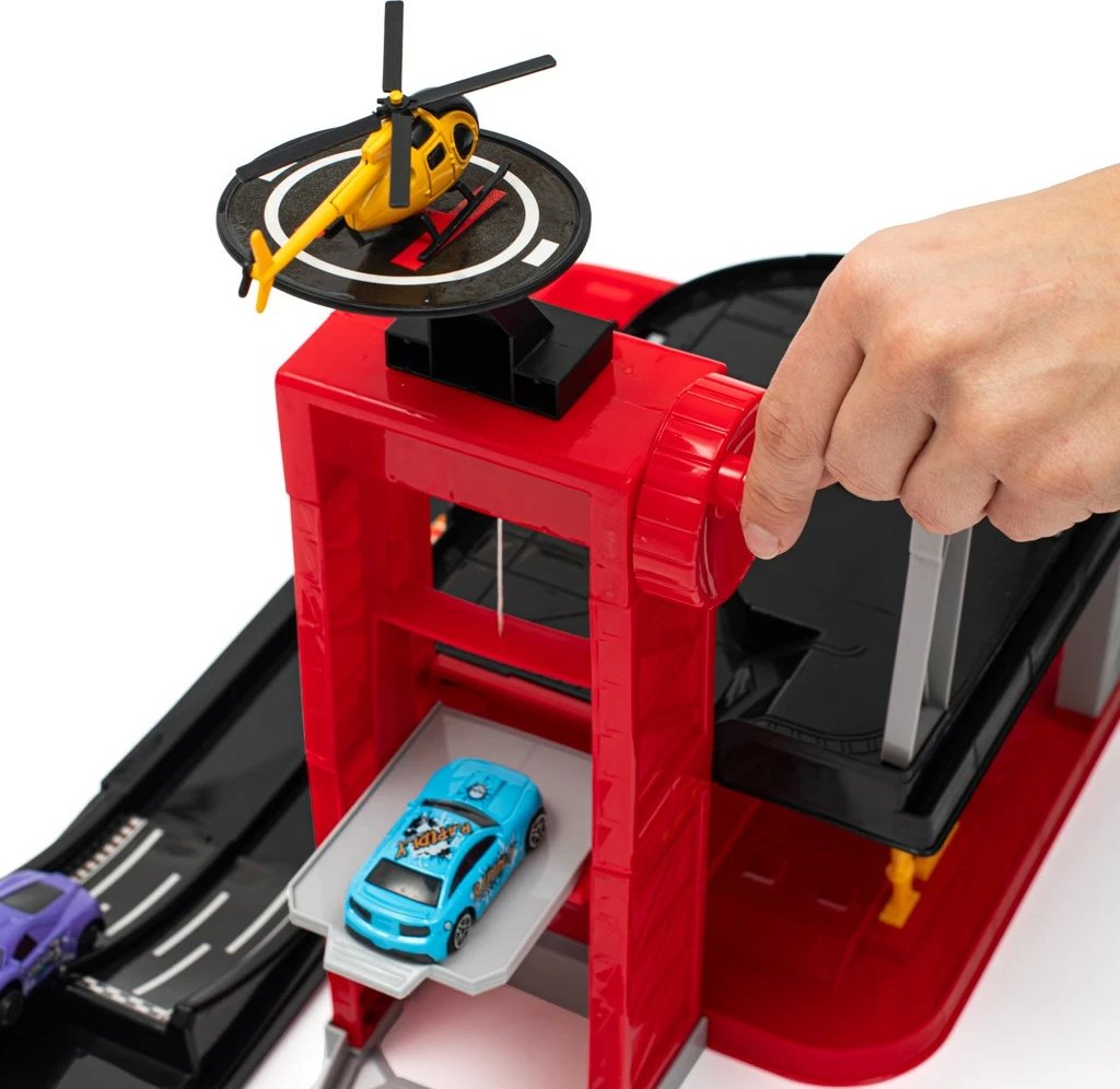 Set garazh lodër, Baby Mix, me ashensor, stacion karburanti, 4 makina metalike + helikopter, 60x33x29 cm, shumëngjyrësh