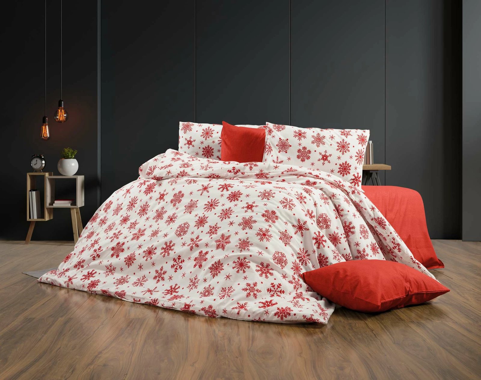 Set mbulesë për jorgan Super King, motiv Krishtlindjesh, e bardhë dhe e kuqe, L'essentiel, Chr-Coverset-4