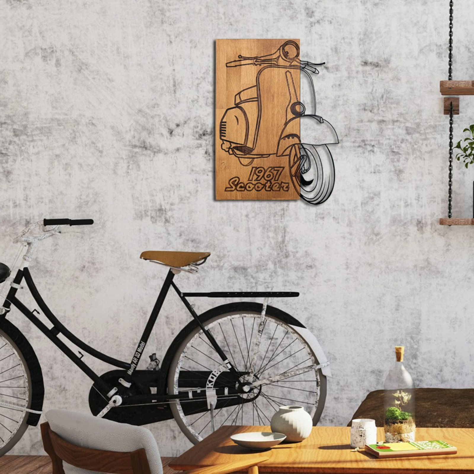 Aksesor dekorativ për mur, dru, skuter nostalgjik, Wallity