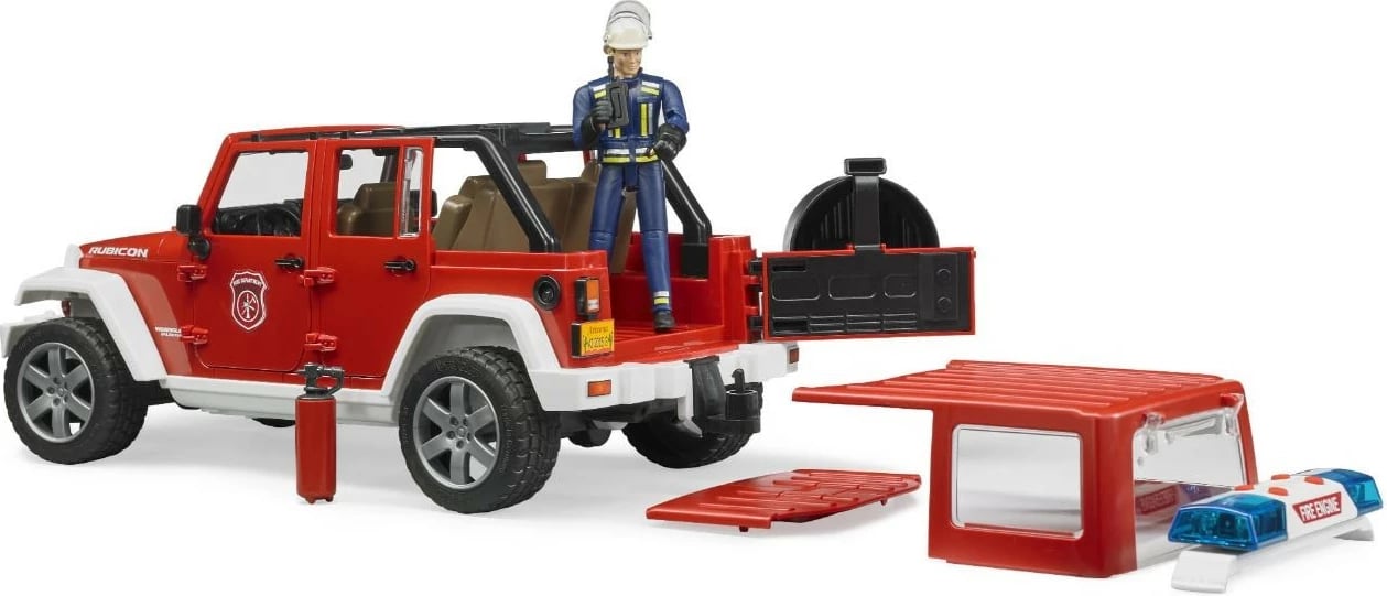 Makina lodër BRUDER Jeep Wrangler zjarrfikës BR-02528, shkallë 1:16, modul dritë/tingull, me figurë, e kuqe/zezë/bardhë