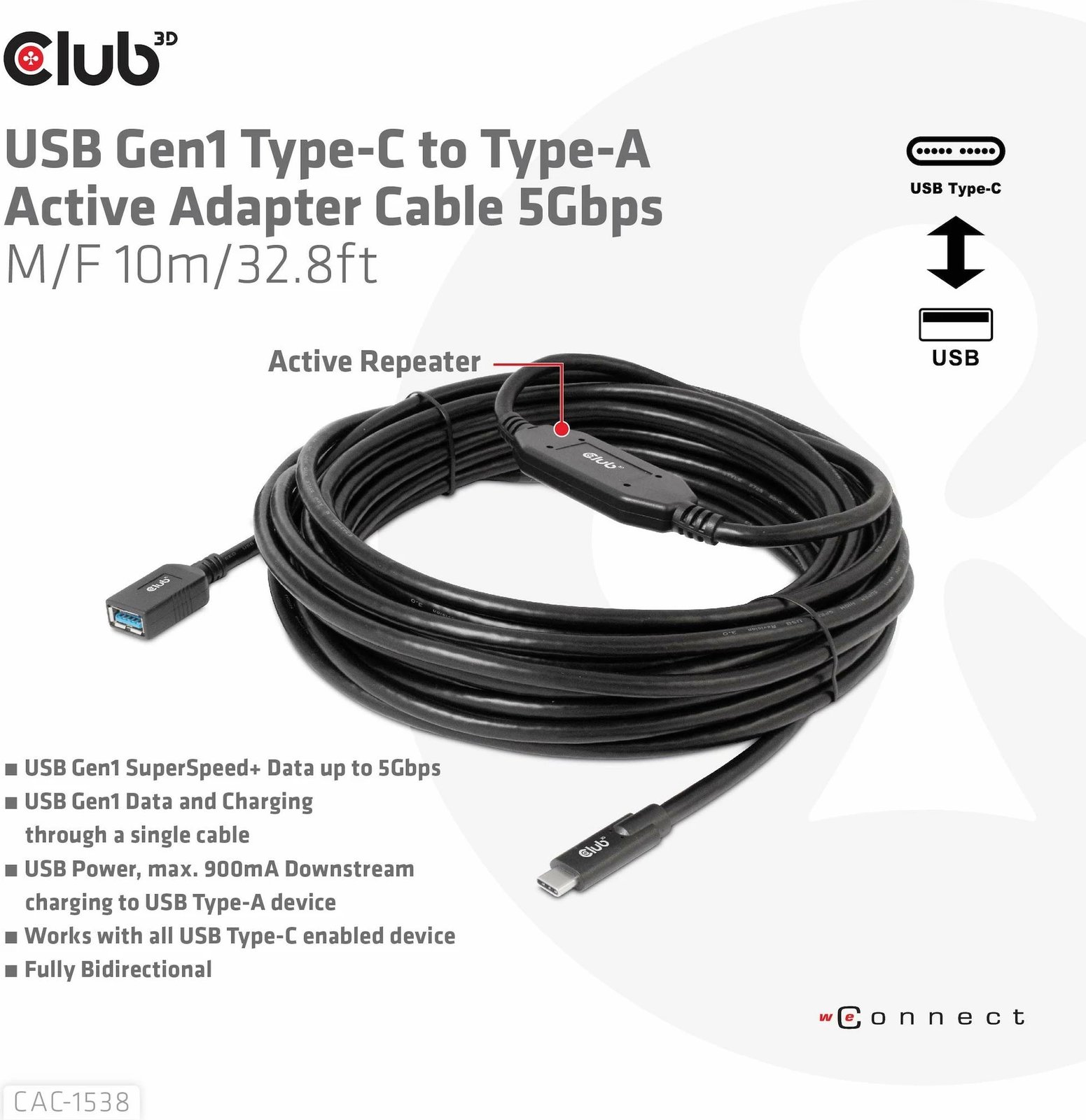 Kabllo USB Club3D CAC-1538, USB-C në USB-A, 10m, e zezë