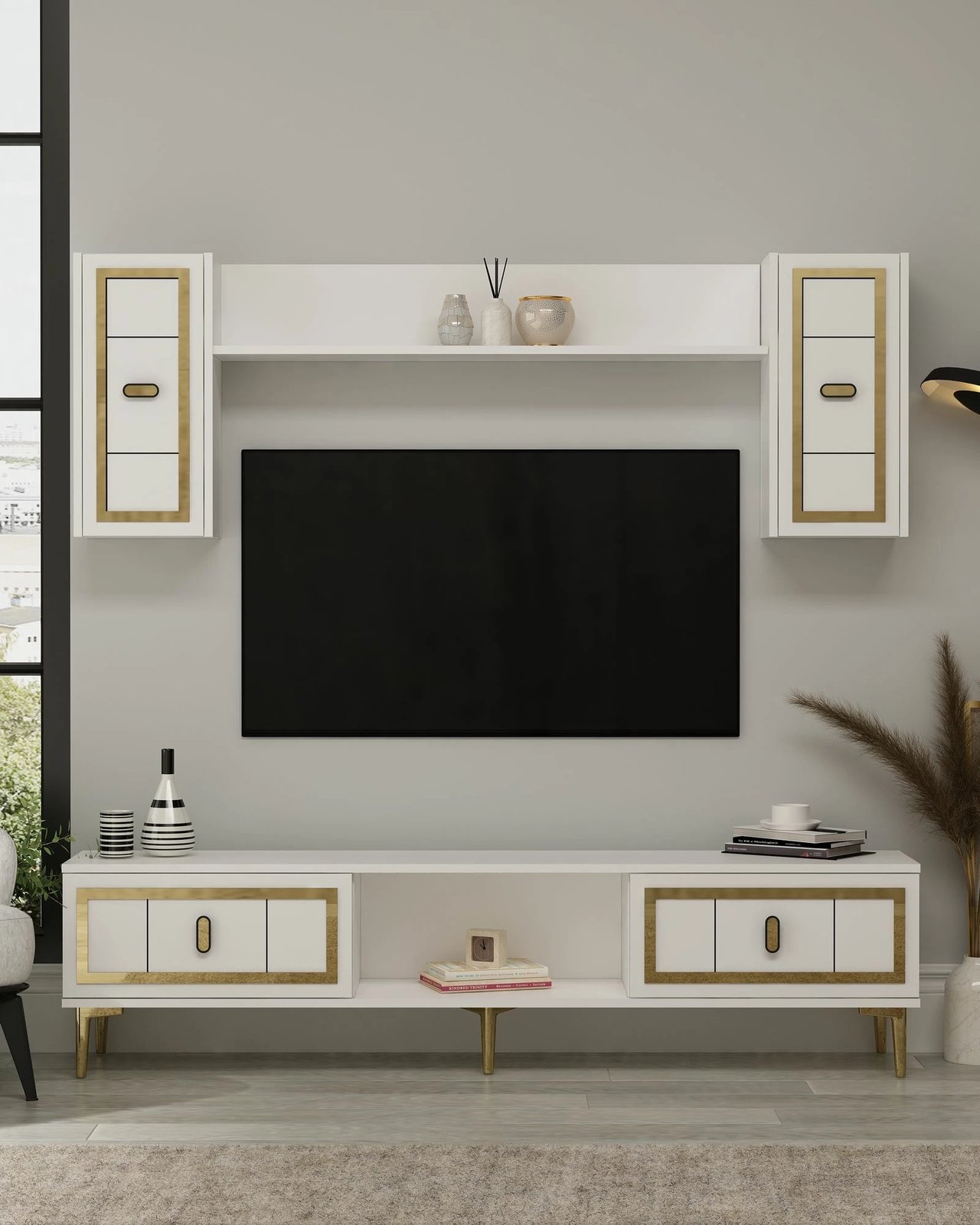 Njësi TV Skye Decor, e bardhë, ari