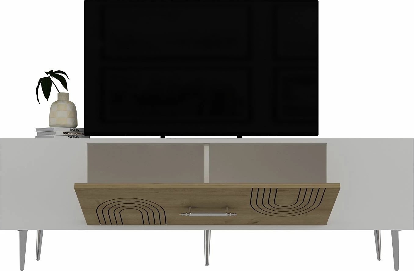 Komodë TV, ngjyrë lis safir, e bardhë, argjend, Dekol2