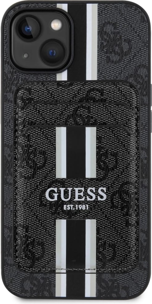 Mbështjellës Guess 4G Stripes me portofol MagSafe për iPhone 15, i zi