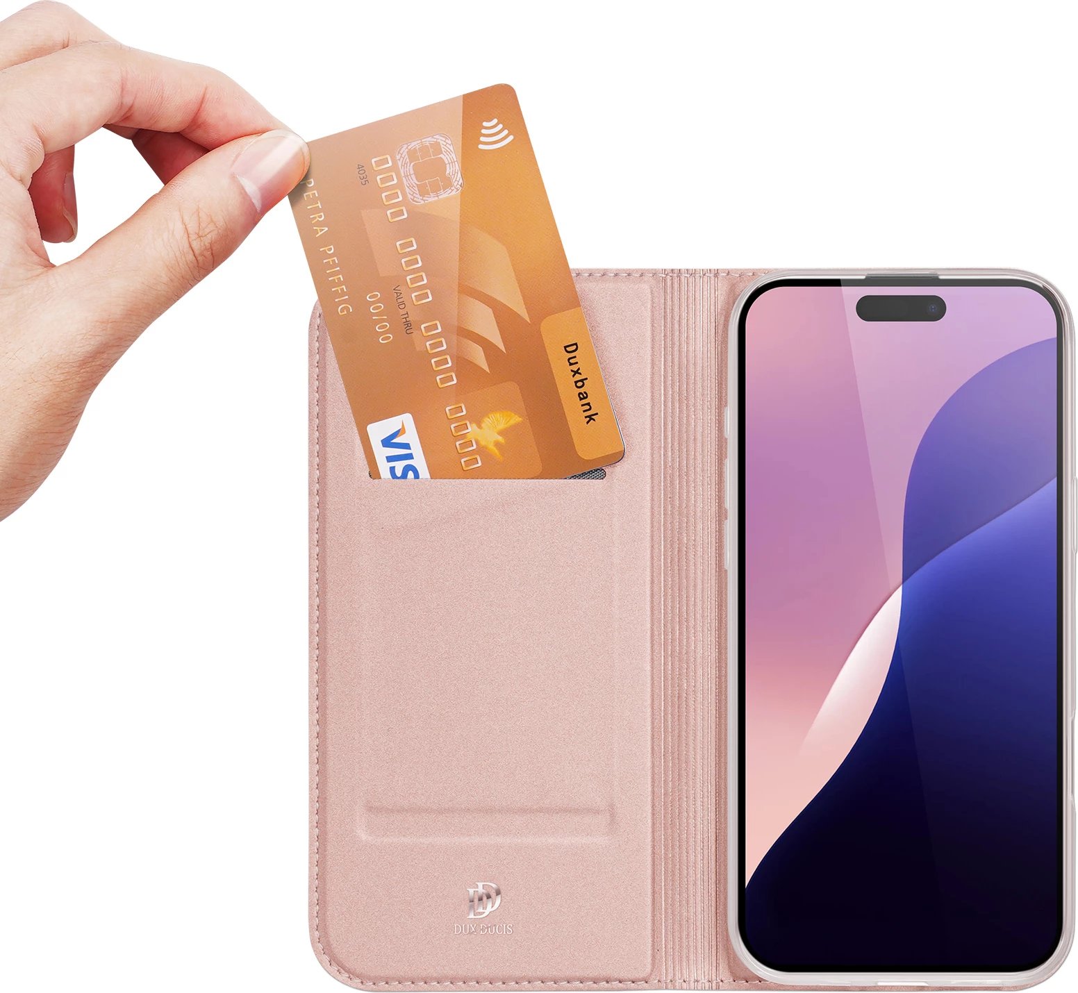 Mbështjellës Dux Ducis Skin Pro për iPhone 16 Pro Max, me kapak dhe xhep për kartela, Rozë Mbështjellës Dux Ducis Skin Pro për iPhone 16 Pro Max, me kapak dhe xhep për kartela, Rozë