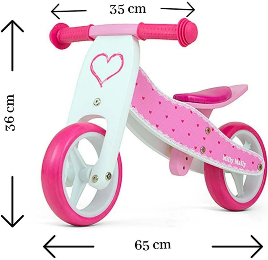 biçikletë-balancuese/triçikël druri 2n1, Milly Mally, JAKE Hearts, rrota shkumë 7\", ulëse e rregullueshme, 18–36 muaj, 25 kg, rozë