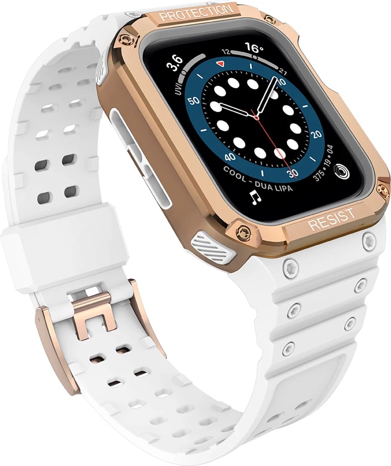 Rrip me kasë të blinduar për Apple Watch Hurtel, 41/40/38mm, Bardhë/Ari i zbehtë Rrip me kasë të blinduar për Apple Watch Hurtel, 41/40/38mm, Bardhë/Ari i zbehtë