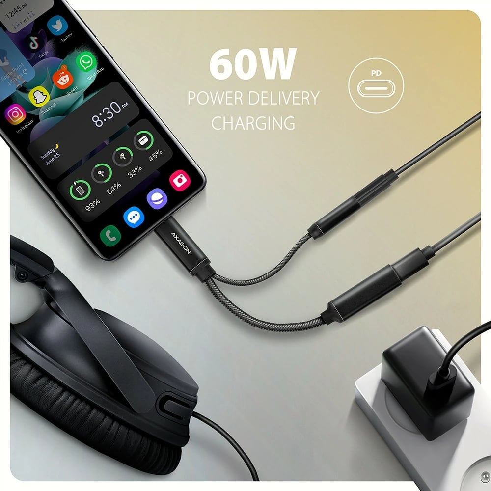 Kartë zanore e jashtme AXAGON ADA-HCPD, USB-C, DAC 32bit, 384kHz, PD 60W, e zezë