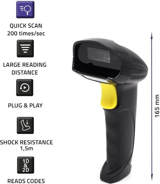Skaner barkodesh me lazer Qoltec 50853, 1D/2D, i zi/verdhe, me kabllo USB