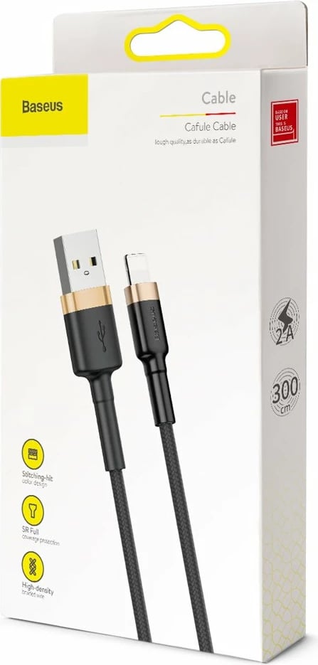 Kabllo Baseus Cafule CALKLF-RV1 USB-A në Lightning, 3m, 2A, QC 3.0, e zezë/artë