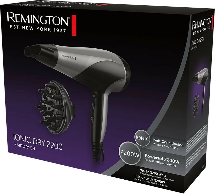 Tharëse flokësh Remington D3190S, 2200 W, me jonizim, e zezë/gri