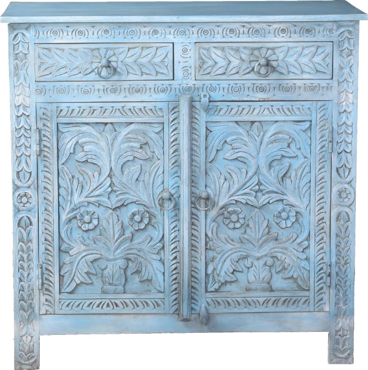 Komodë Sifnos, 2 dyer, 2 sirtarë, ngjyrë kaltër e çelët decape, 90x40x95cm