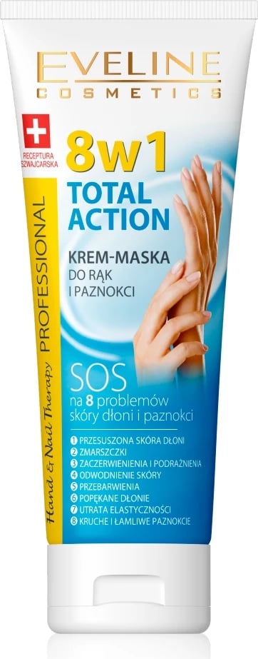Krem-maskë për duar dhe thonj Eveline Cosmetics Total Action 8w1, 75ml