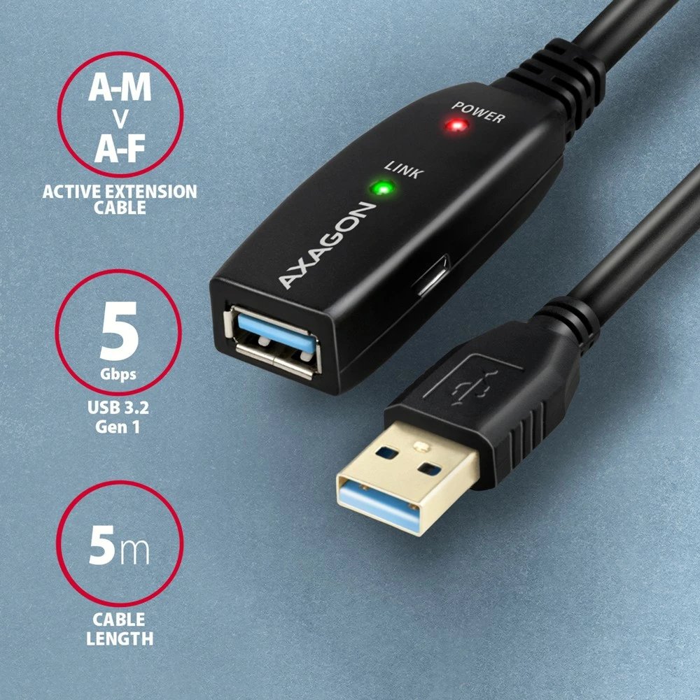 Kabllo zgjatuese aktive USB 3.2 Gen 1 AXAGON ADR-305, 5m, e zezë