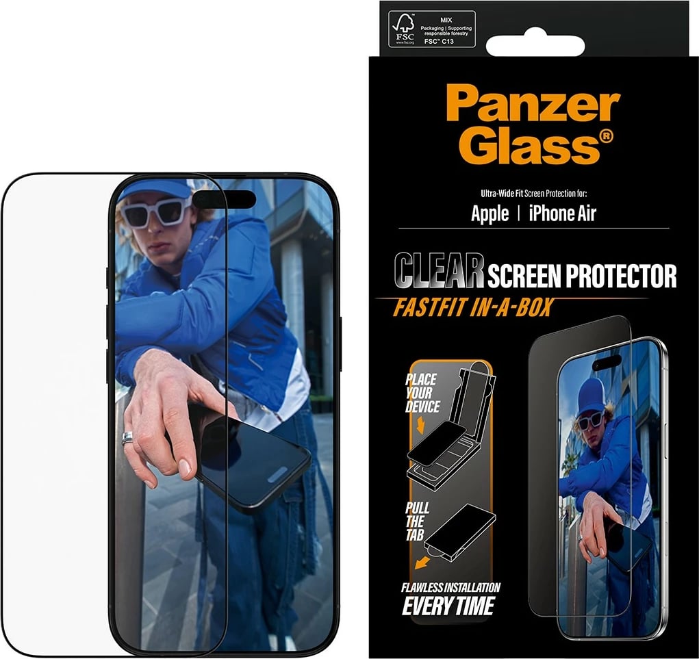 Xham mbrojtës PanzerGlass për iPhone Air, kornizë e zezë, UWF Fastfit