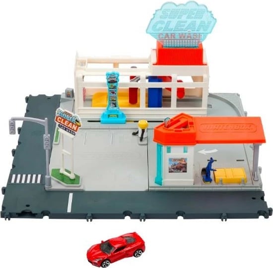 Set lodrash garazh Matchbox Action Drivers Real Adventures Car Wash me makinë Chevrolet Corvette, shumëngjyrësh