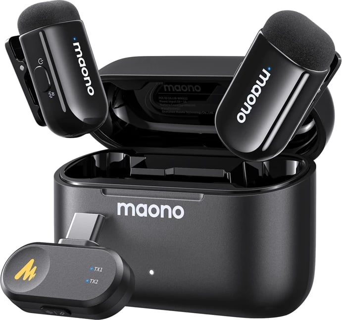 Mikrofon wireless, Maono WM622 PC2, për iPhone/iPad, MFi, 100 m, 48kHz/16-bit, 30 orë me kuti karikimi, 2 transmetues, zi