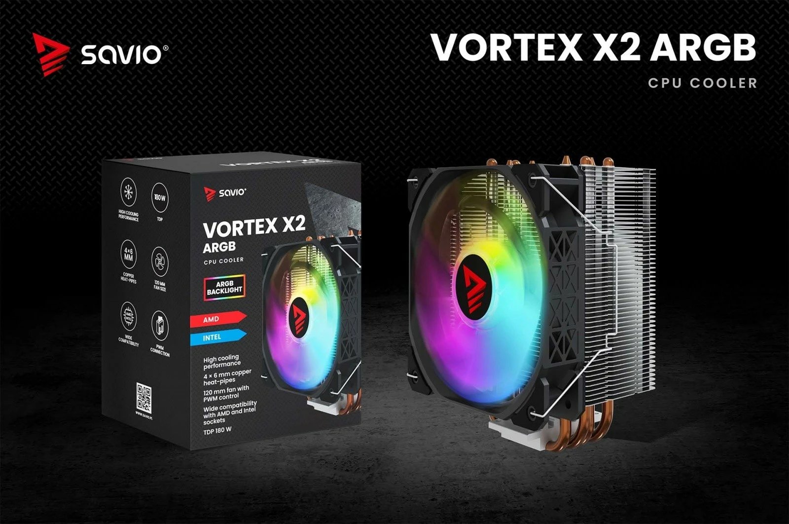 Kasë ftohëse procesori Savio Vortex X2 ARGB, 120 mm, 4 heatpipe, ARGB Kasë ftohëse procesori Savio Vortex X2 ARGB, 120 mm, 4 heatpipe, ARGB