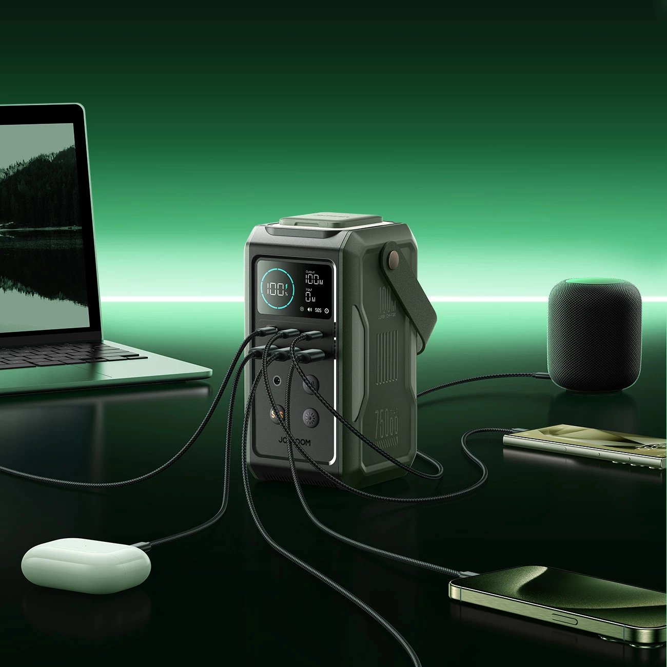 powerbank Joyroom JR-PBF10 75000mAh 100W 3x USB-C 3x USB-A me elektrik palosës dhe dorezë, e gjelbër