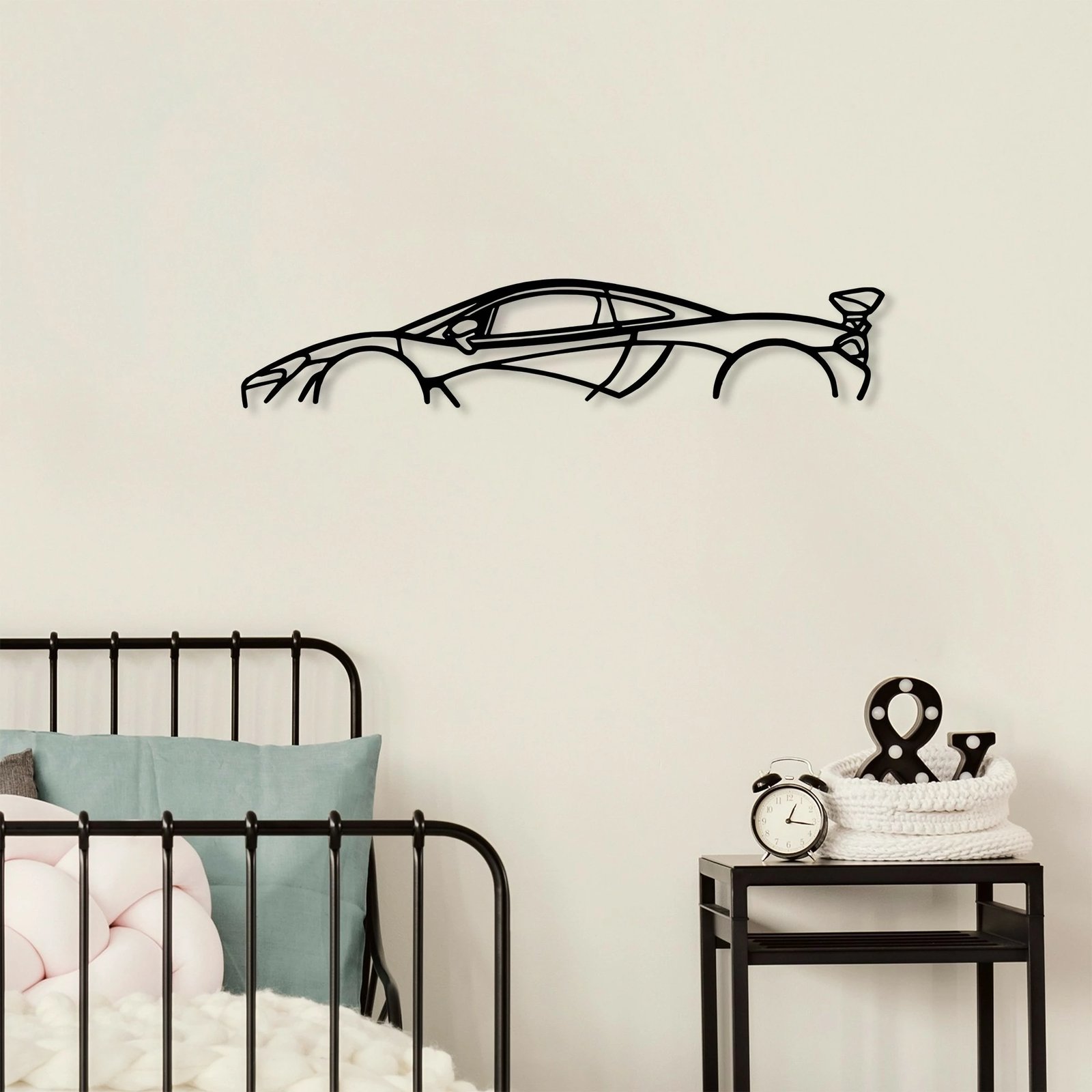 Aksesor dekorativ metalik për mur, silueta McLaren P1, Wallity