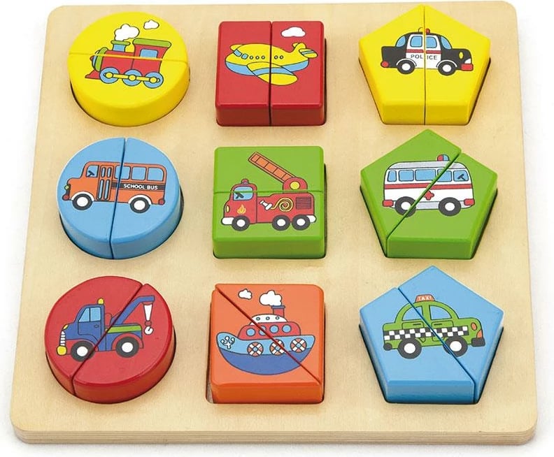 Puzzle druri me futje formash Viga, 9 automjete, 19 copa, fëmijë 18m+, multingjyrës