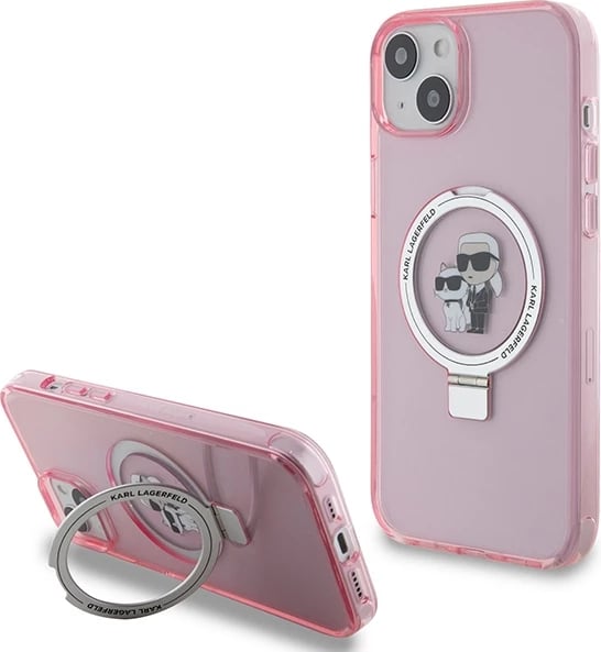 Mbështjellës Karl Lagerfeld KLHMP15SHMRSKCP për iPhone 15 6.1", me ring stand, MagSafe, rozë