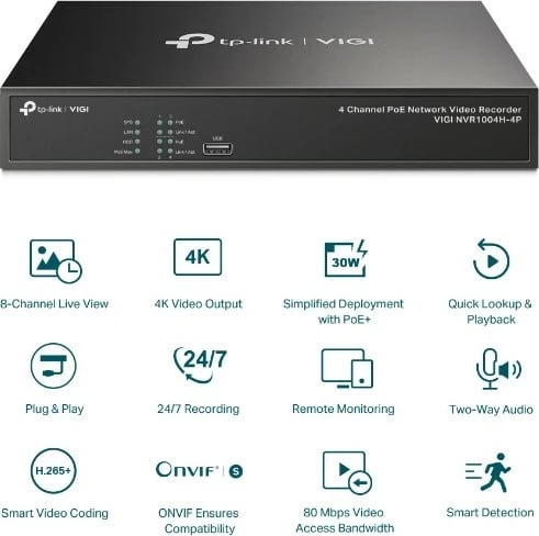 Regjistrues rrjeti TP-Link VIGI NVR1004H-4P, 4 kanale, PoE+