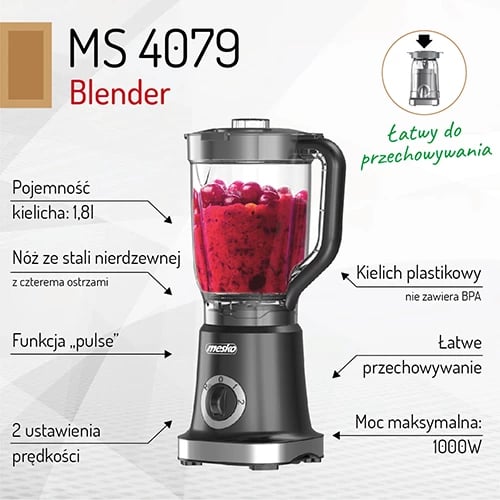 Blender, Mesko, MS 4079, 1.8L 1000W max 2 shpejtësi + Pulse, gotë plastike BPA-free, thikë inoksi 4-tejshme, e zezë Blender, Mesko, MS 4079, 1.8L 1000W max 2 shpejtësi + Pulse, gotë plastike BPA-free, thikë inoksi 4-tejshme, e zezë