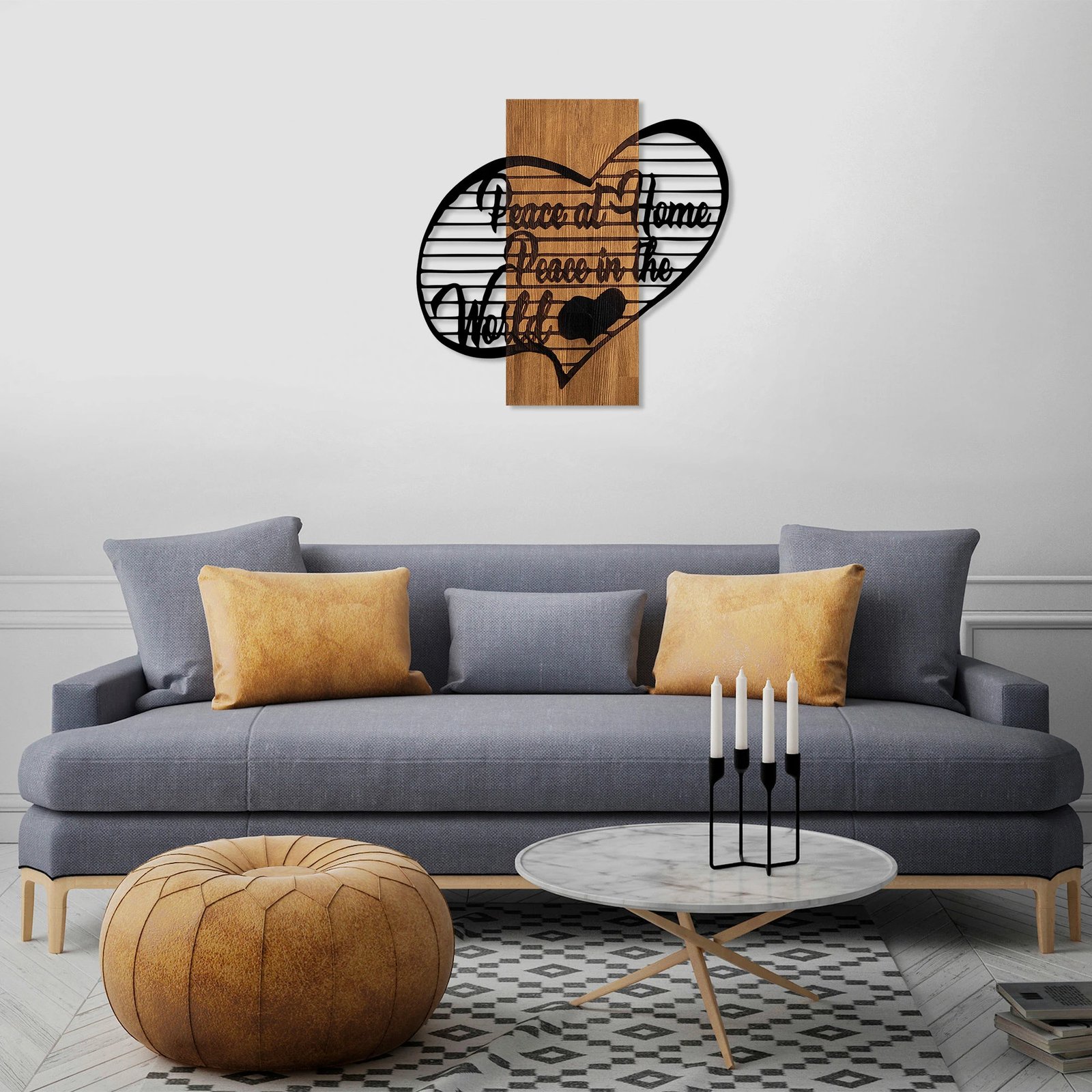 Aksesor dekorativ druri për mur, Peace At Home Peace in The World, ngjyrë arre dhe e zezë, 58x59cm