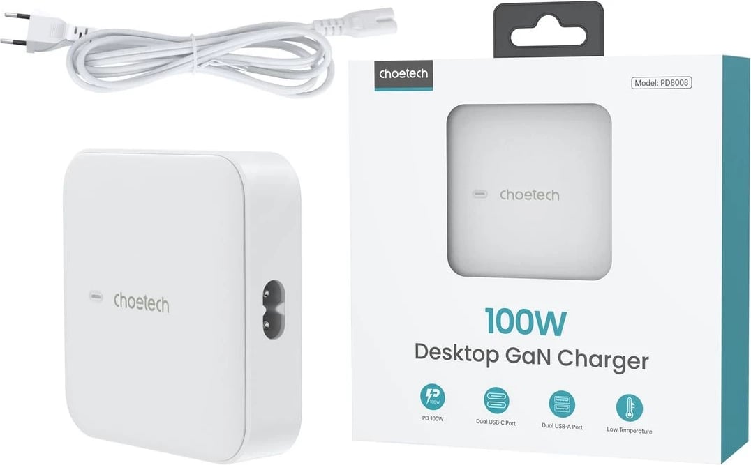 Karikues muri Choetech PD8008, 100W, 2x USB-C, 2x USB-A, i bardhë