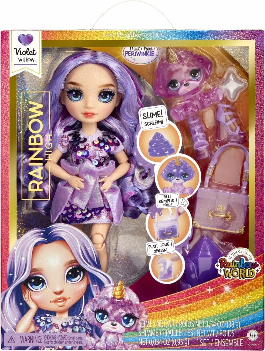 Kukull Rainbow High MGA Violet Willow, set me slime dhe kafshë magjike, vjollcë