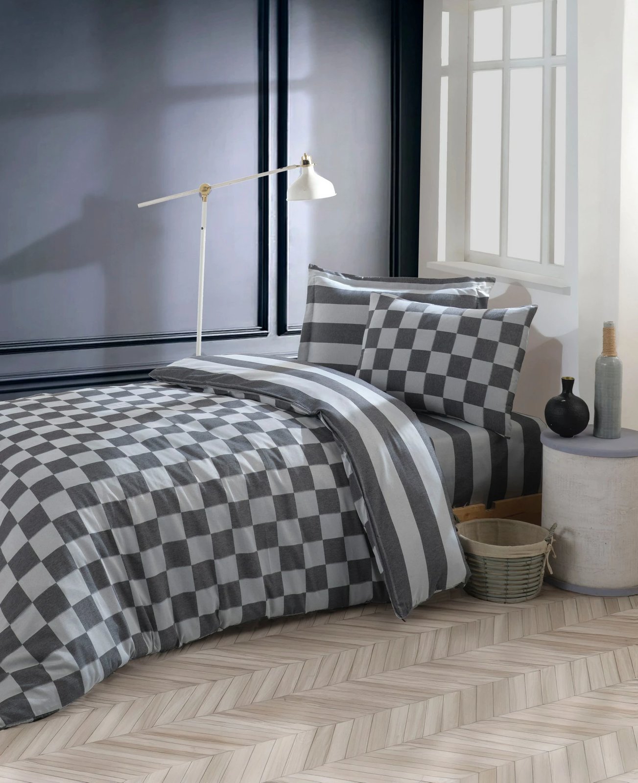 Set mbulesë jorgani Single XL, saten me katrorë, ngjyrë e zezë, L'essentiel