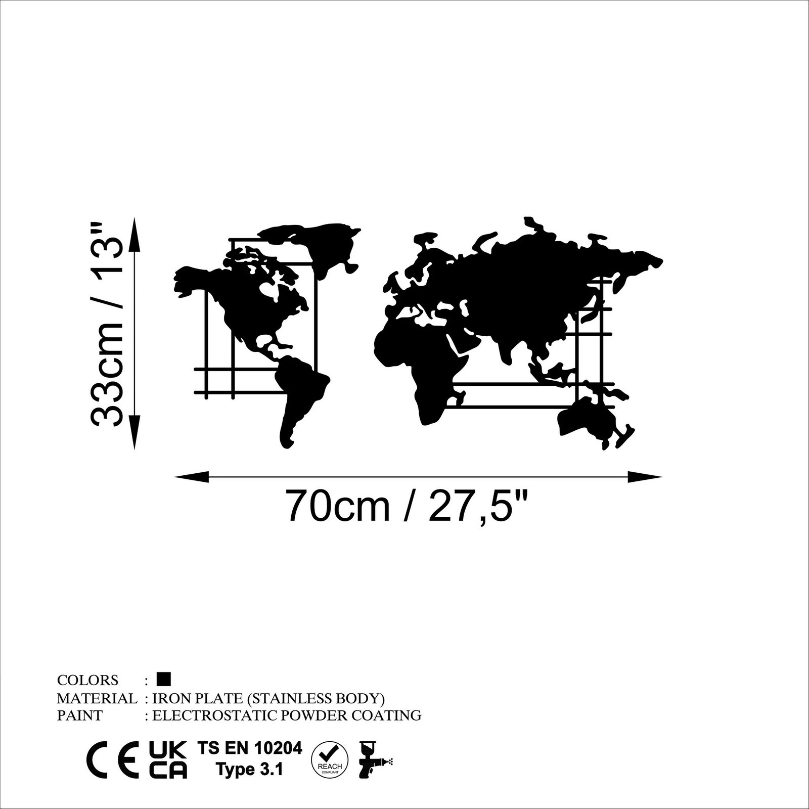 Aksesor dekorativ metalik për mur, hartë bote, Wallity, ngjyrë e zezë, madhësia M