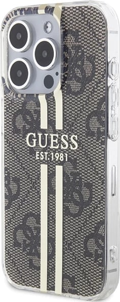 Mbështjellës Guess IML 4G Gold Stripe për iPhone 15 Pro Max, kafe