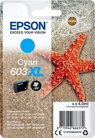 Kartush bojë, Epson, 603XL C13T03A24010, XL 4 ml, rendiment 350 faqe, cyan