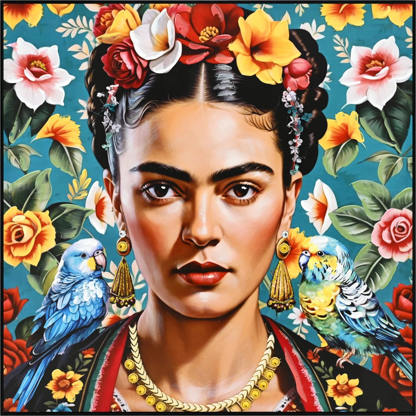 Pikturë muri FH4567, kornizë PS e zezë, kanavacë e printuar, fytyrë gruaje & papagaj, 82x4.5x82 cm