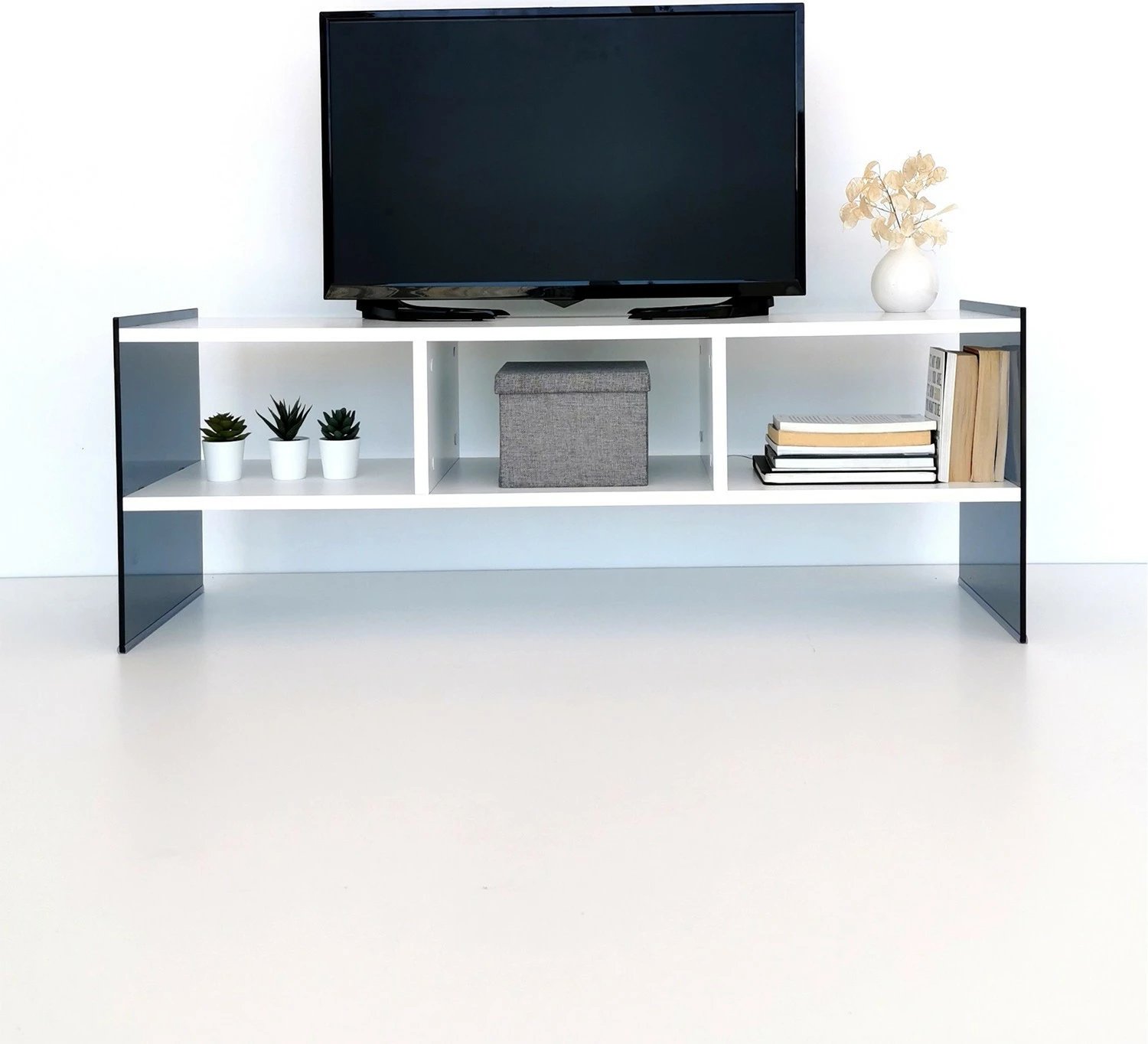 Komodë TV Skye Decor, TV401, e bardhë dhe fume