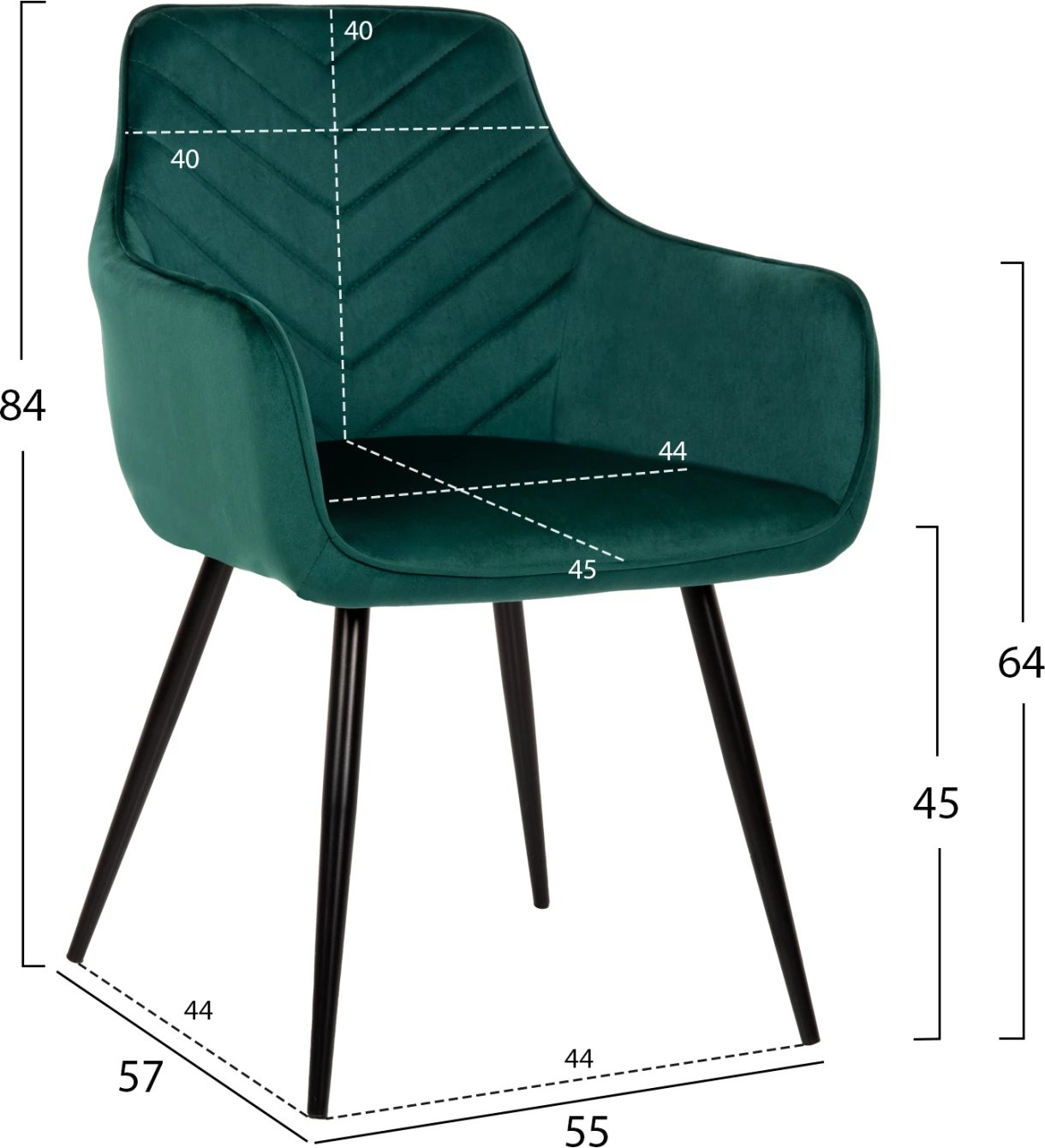 Karrige Latrell, ngjyrë selvi, kadife, këmbë metalike të zeza, 55x57x84H cm., set prej 2 copë