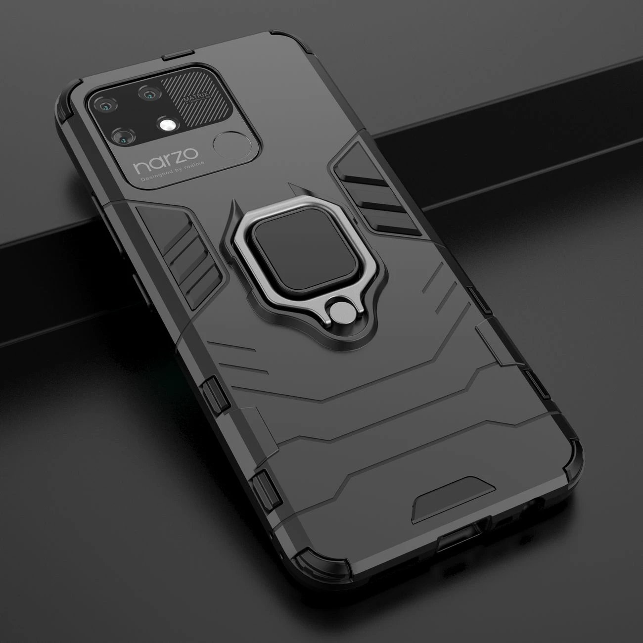 Mbështjellës Hurtel Ring Armor për Realme Narzo 50A, me dorezë magnetike, i zi