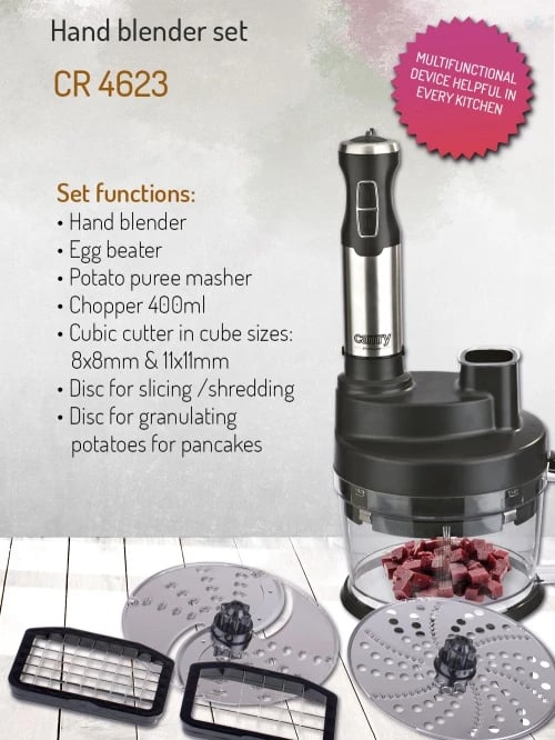 Blender dore set, Camry, CR 4623, 1600W Max, me rregullator shpejtësie dhe Turbo, me tas 2.0L, enë 600ml me kapak dhe grirës 400ml